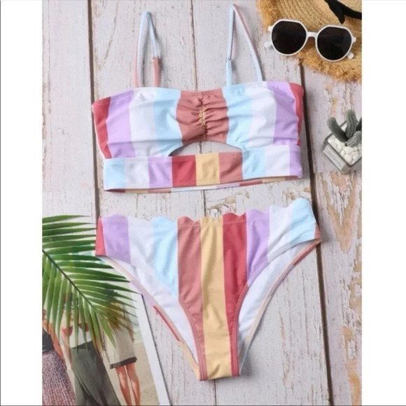 Color Block High Waist Scallop Bikini Set | Striped Two Piece Swimsuit - Picture 2 of 3